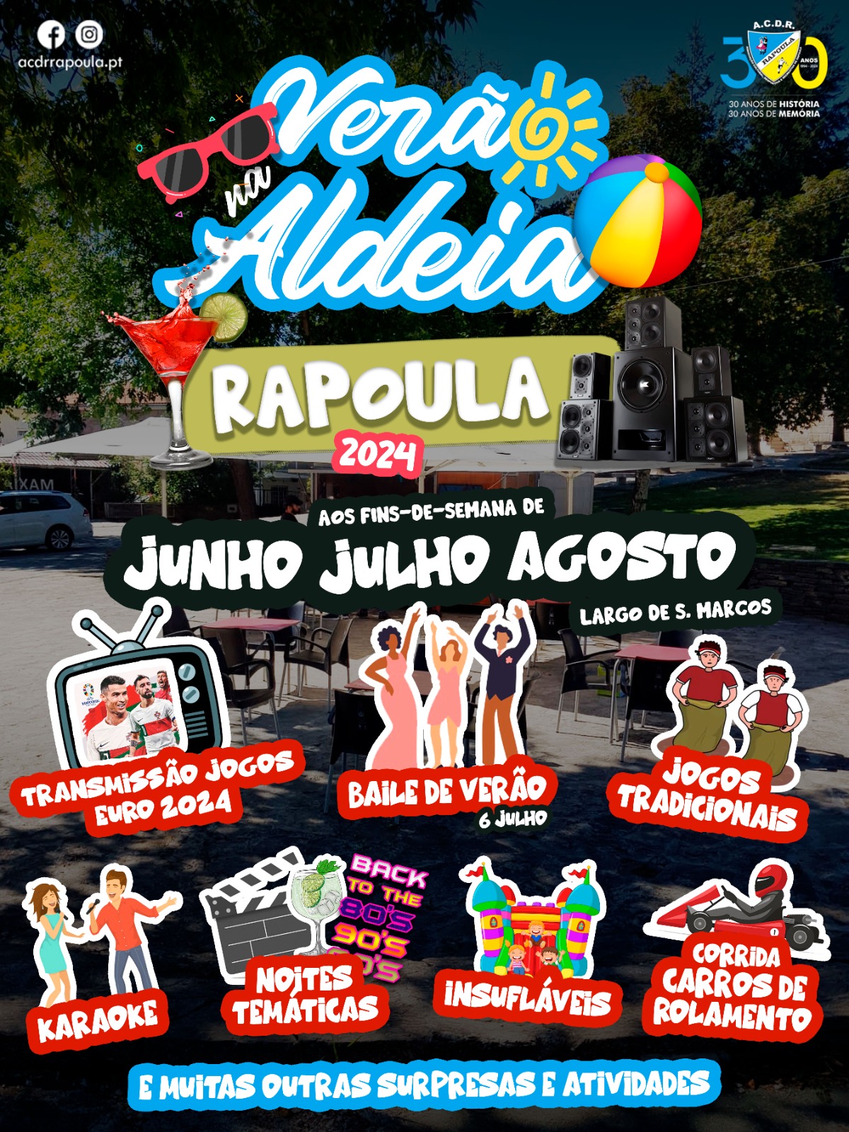 O programa 'Verão na Aldeia' é uma iniciativa da ACDR Rapoula que visa dinamizar um conjunto diversificado de atividades culturais e recreativas durante os meses de junho, julho e agosto, no Largo de São Marcos - Rapoula, Guarda.
